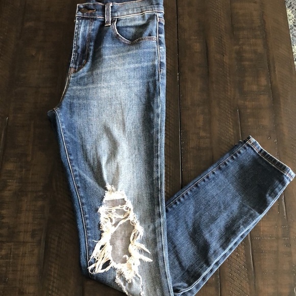 J Brand High Waisted Ankle Jean Destroyed Knee Blue Stretch Denim Size 27 Skinny - Picture 5 of 16